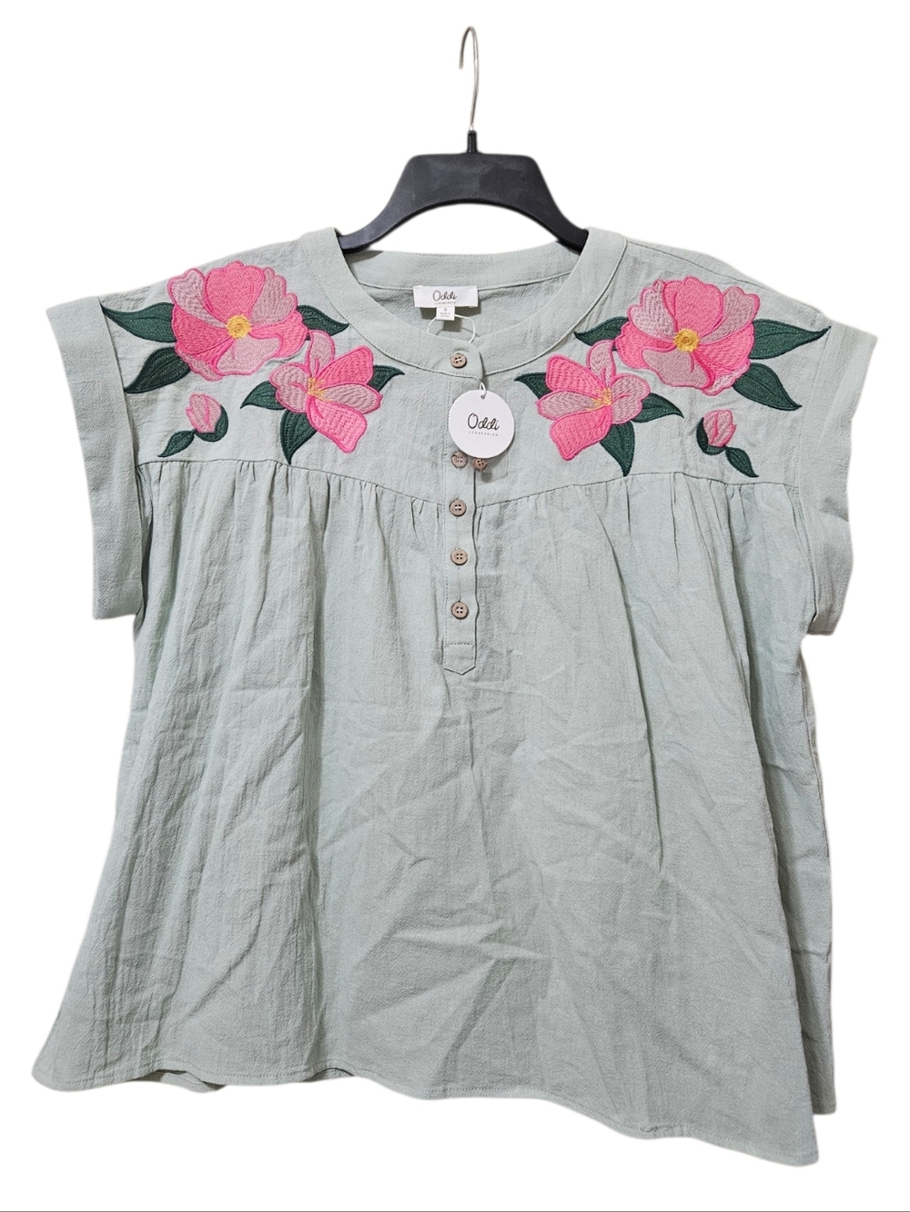 Oddi Boho Blouse with Pink Green Embroidery Floral Detail Cotton NEW